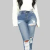 Baby Blue Zipper High Waist Straight Ripped Denim Jeans