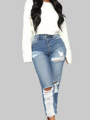 Baby Blue Zipper High Waist Straight Ripped Denim Jeans