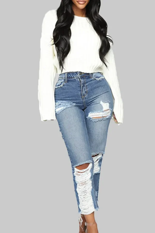 Baby Blue Zipper High Waist Straight Ripped Denim Jeans