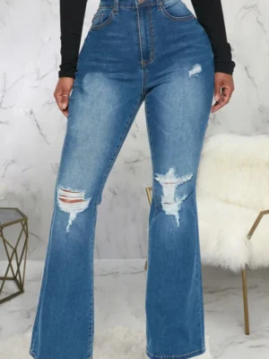 Casual High Waist Flare Leg Boot Cut Ripped Denim Jeans