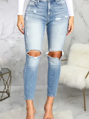 Blue Mid Waist Skinny Ripped Denim Jeans