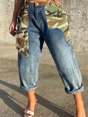 Blue Street Print Camouflage High Waist Loose Denim Jeans