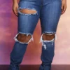 Blue Fashion Casual Slit Mid Waist Regular Ripped Denim Jeans