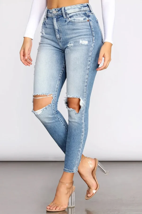 Blue Mid Waist Skinny Ripped Denim Jeans