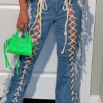 The cowboy blue Fashion Casual High Waist Lace Up Skinny Tassel Denim Jeans