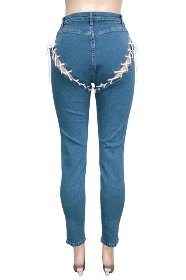 Fashion Casual Hollowed Out Lace Up High Waist Regular Denim Jeans