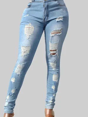 Light Blue Casual Ripped Zipper Mid Waist Skinny Denim Jeans