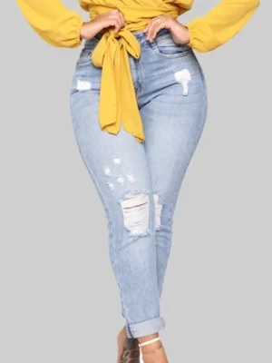 Light Blue Elegant Zipper High Waist Skinny Ripped Denim Jeans