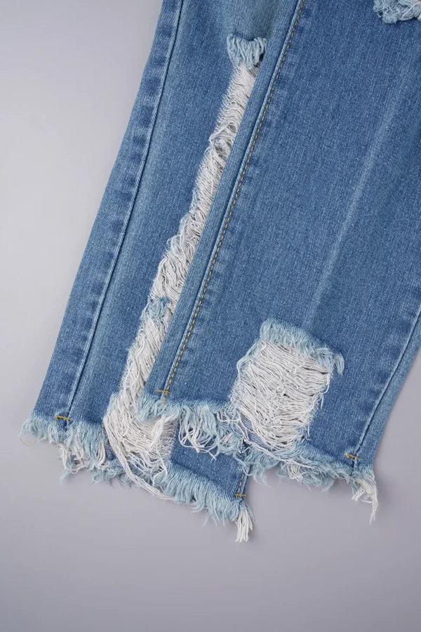 Baby Blue Zipper High Waist Straight Ripped Denim Jeans