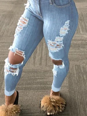 Fashion Casual Mid Waist Regular Ripped Jeans