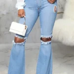 Sexy Solid Mid Waist Regular Flare Leg Ripped Denim Jeans