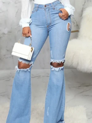 Sexy Solid Mid Waist Regular Flare Leg Ripped Denim Jeans