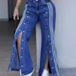 Casual Stripe Pocket Buckle Zipper Mid Waist Loose Denim Jeans