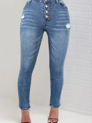 Deep Blue Casual Solid Ripped Buttons High Waist Skinny Denim Jeans