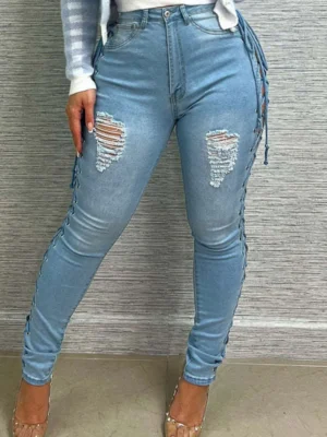 Light Blue High Waist Hollowed Out Lace Up Ripped Denim Jeans