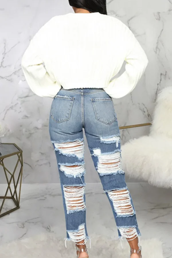 Baby Blue Zipper High Waist Straight Ripped Denim Jeans