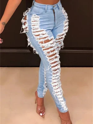 Fashion Casual High Waist Skinny Ripped Denim Jeans