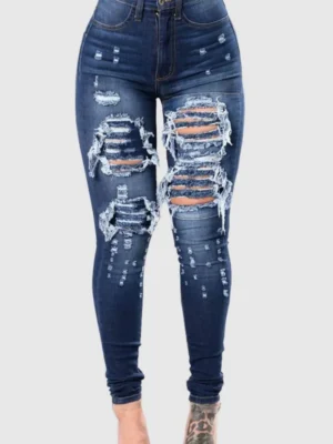 Casual Street Ripped Hollowed Out High Waist Denim Jeans