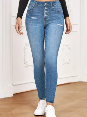 Casual High Waist Skinny Ripped Denim Jeans