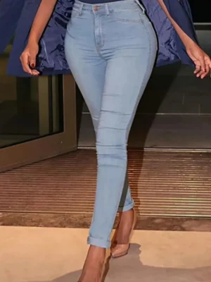 Light Blue Casual Basic Mid Waist Skinny Denim Jeans