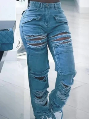 Sky Blue Casual High Waist Regular Ripped Cargo Denim Jeans