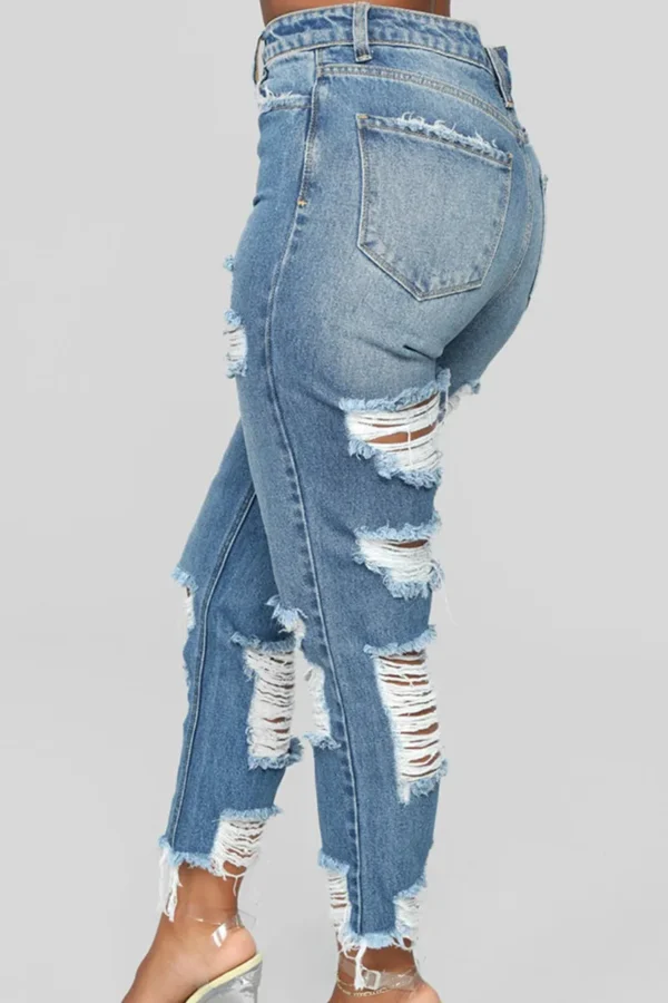 Baby Blue Zipper High Waist Straight Ripped Denim Jeans