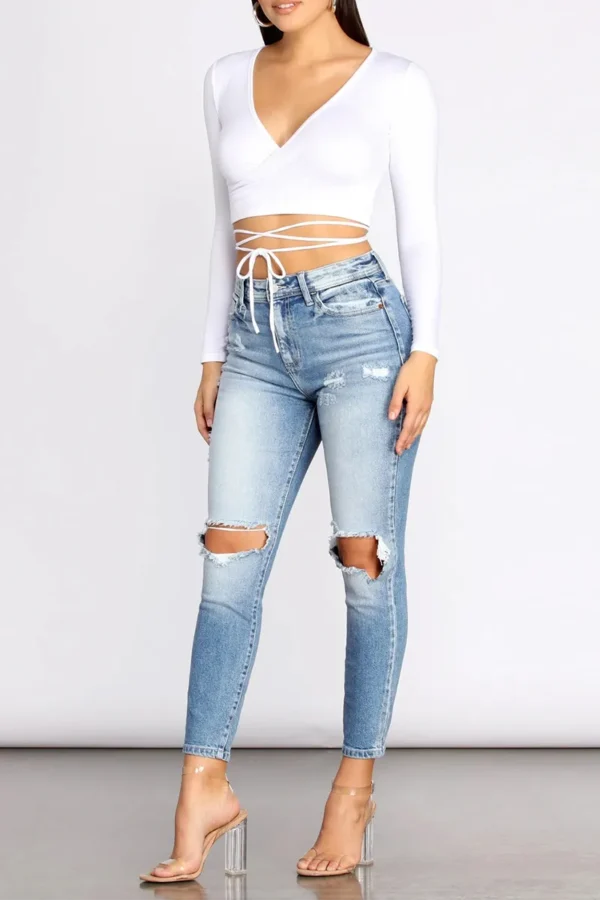 Blue Mid Waist Skinny Ripped Denim Jeans