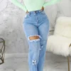 Baby Blue Fashion Casual High Waist Straight Ripped Denim Jeans