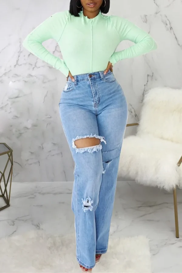 Baby Blue Fashion Casual High Waist Straight Ripped Denim Jeans