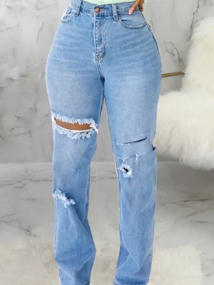 Baby Blue Fashion Casual High Waist Straight Ripped Denim Jeans