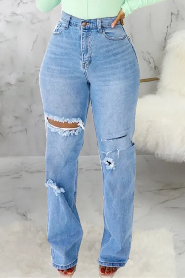 Baby Blue Fashion Casual High Waist Straight Ripped Denim Jeans