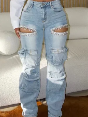 Casual Hollow Out Pocket Hot Drill High Waist Denim Jeans