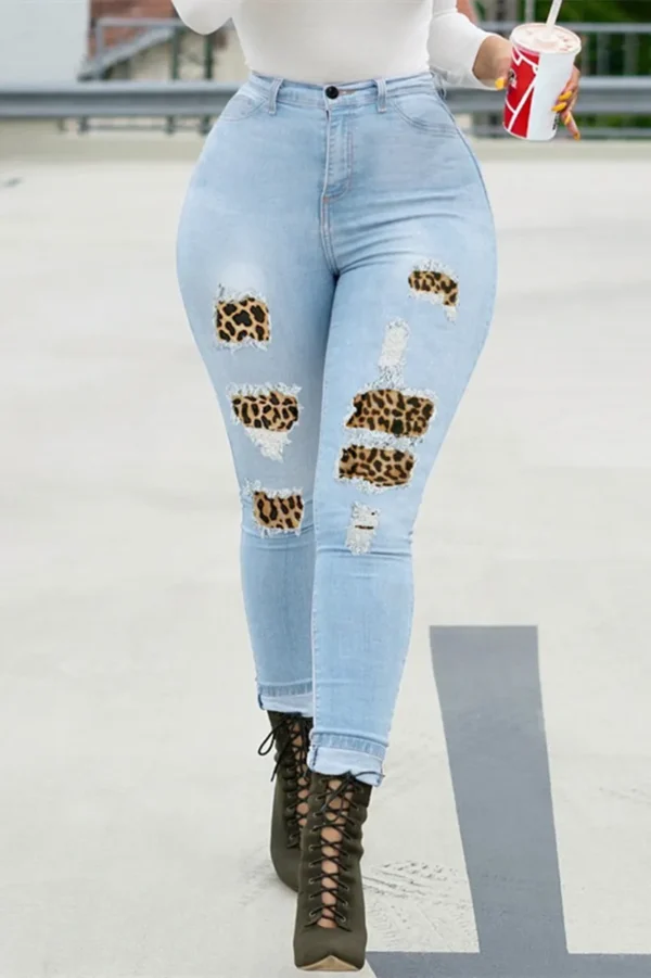 Baby Blue Fashion Leopard Ripped High Waist Skinny Denim Jeans