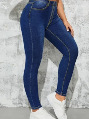 Deep Blue Casual High Waist Skinny Denim Jeans