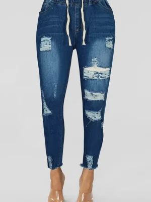 Deep Blue Casual Ripped High Waist Regular Denim Jeans