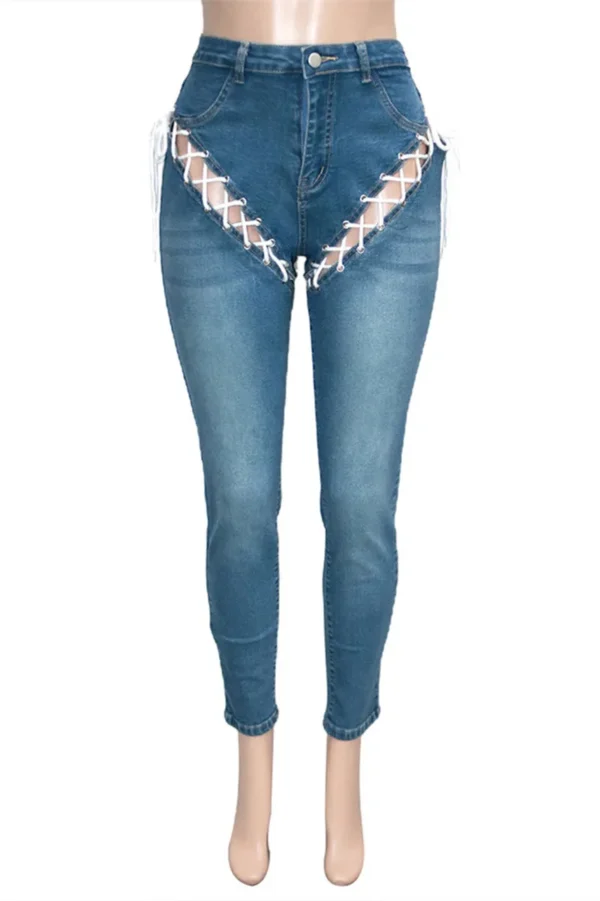 Fashion Casual Hollowed Out Lace Up High Waist Regular Denim Jeans
