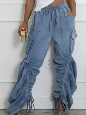 Blue Casual Pocket Mid Waist Loose Denim Jeans