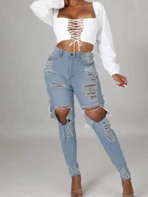 Street High Waist Regular Ripped Denim Jeans