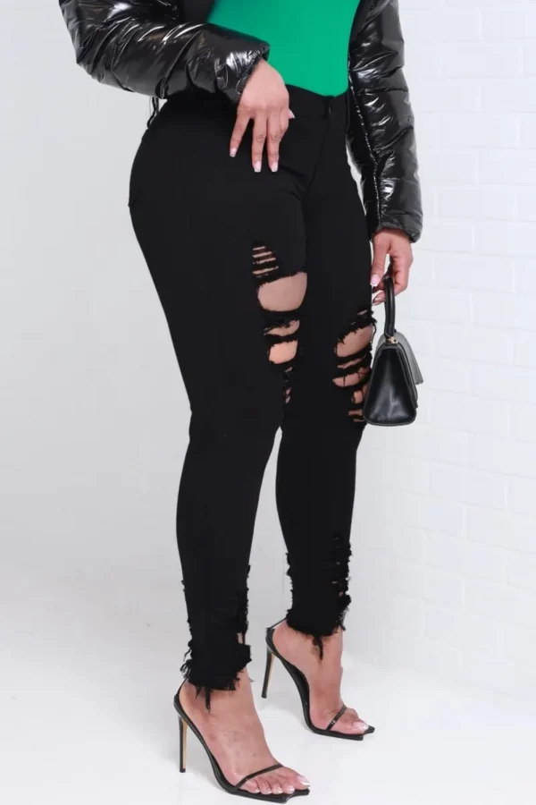 Black Casual High Waist Skinny Ripped Denim Jeans