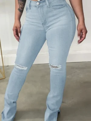 Casual Slit High Waist Regular Ripped Denim Jeans