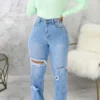 Baby Blue Fashion Casual High Waist Straight Ripped Denim Jeans