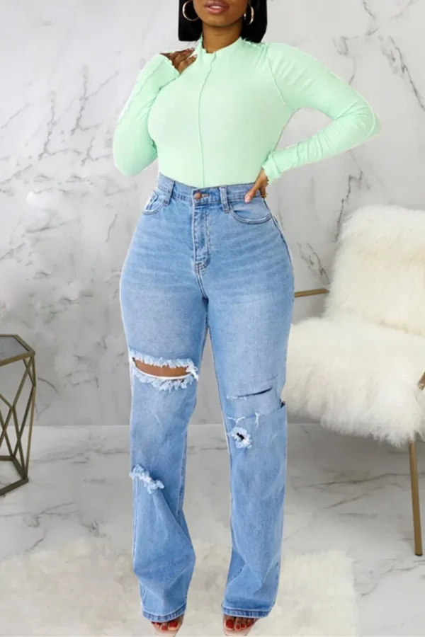 Baby Blue Fashion Casual High Waist Straight Ripped Denim Jeans