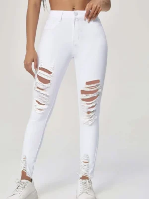 White Casual Ripped High Waist Skinny Denim Jeans