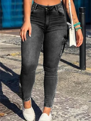 Black Fashion Casual Solid Patchwork High Waist Cargo Denim Jeans