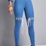 Medium Blue Street Hollowed Out High Waist Lace Up Denim Jeans