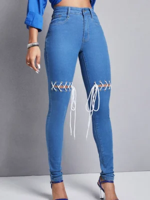 Medium Blue Street Hollowed Out High Waist Lace Up Denim Jeans