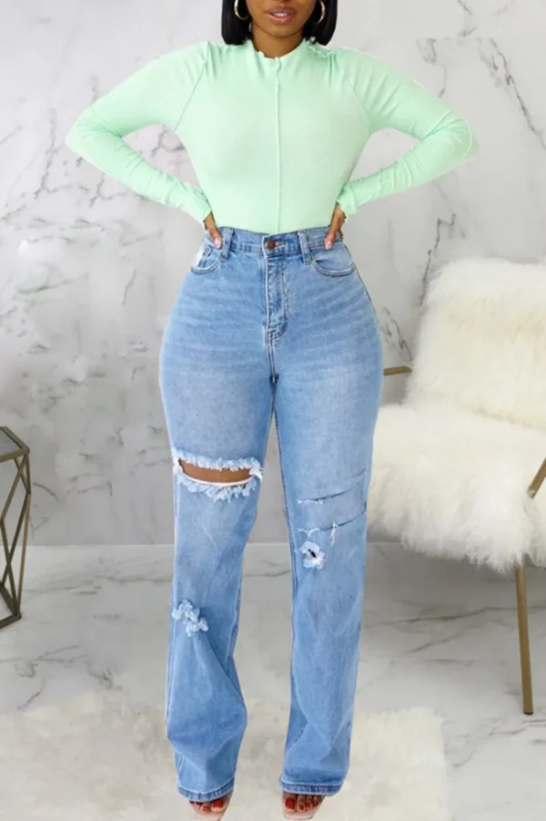 Baby Blue Fashion Casual High Waist Straight Ripped Denim Jeans