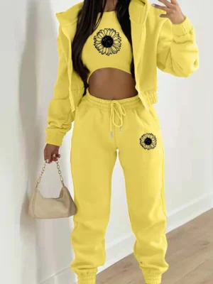 Casual Graphics Tank Top Hooded Collar Jackets And Pants Three Pieces Sweatsuit