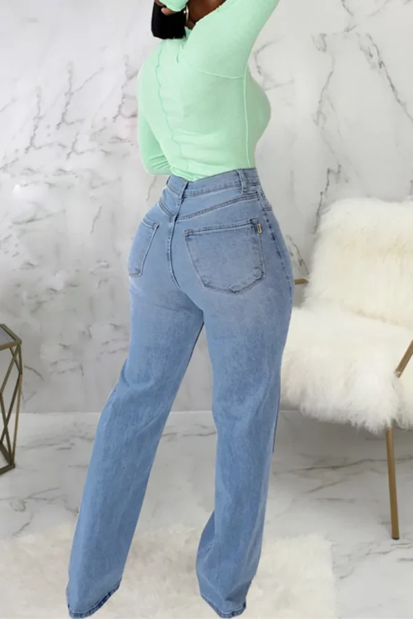 Baby Blue Fashion Casual High Waist Straight Ripped Denim Jeans