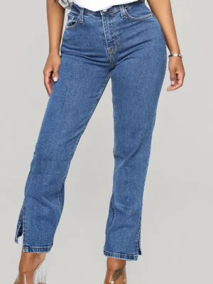 Deep Blue Casual Slit High Waist Regular Denim Jeans